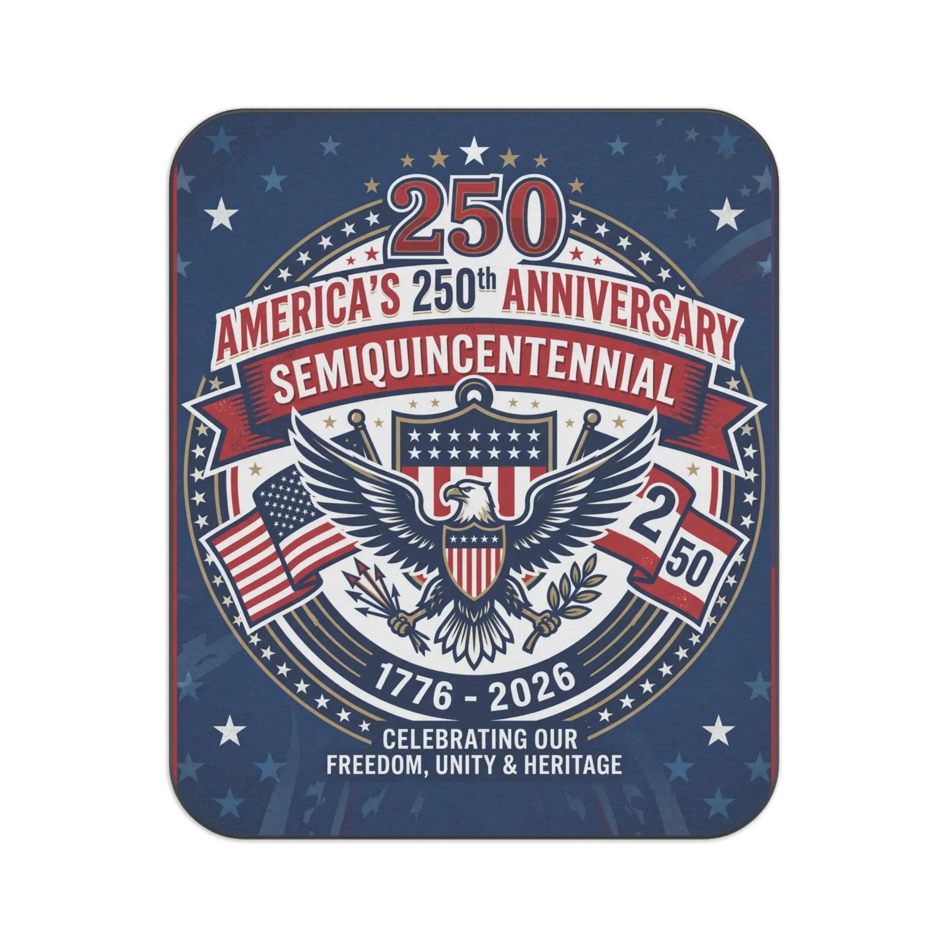 America's 250th Semiquicentennial with eagle, flags, and text 1776-2026.