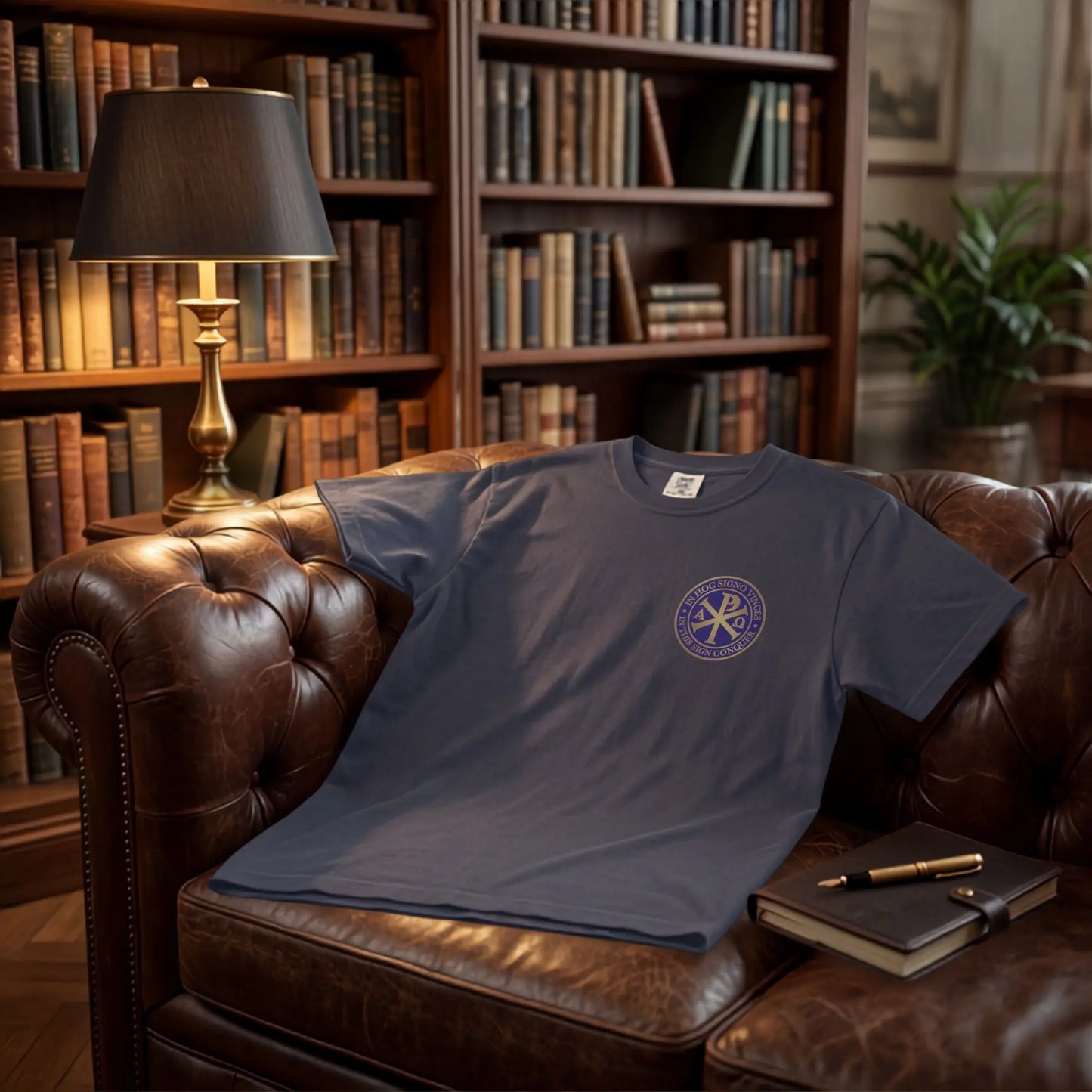 Dark t-shirt with gold circular emblem featuring text and Christian symbols.
