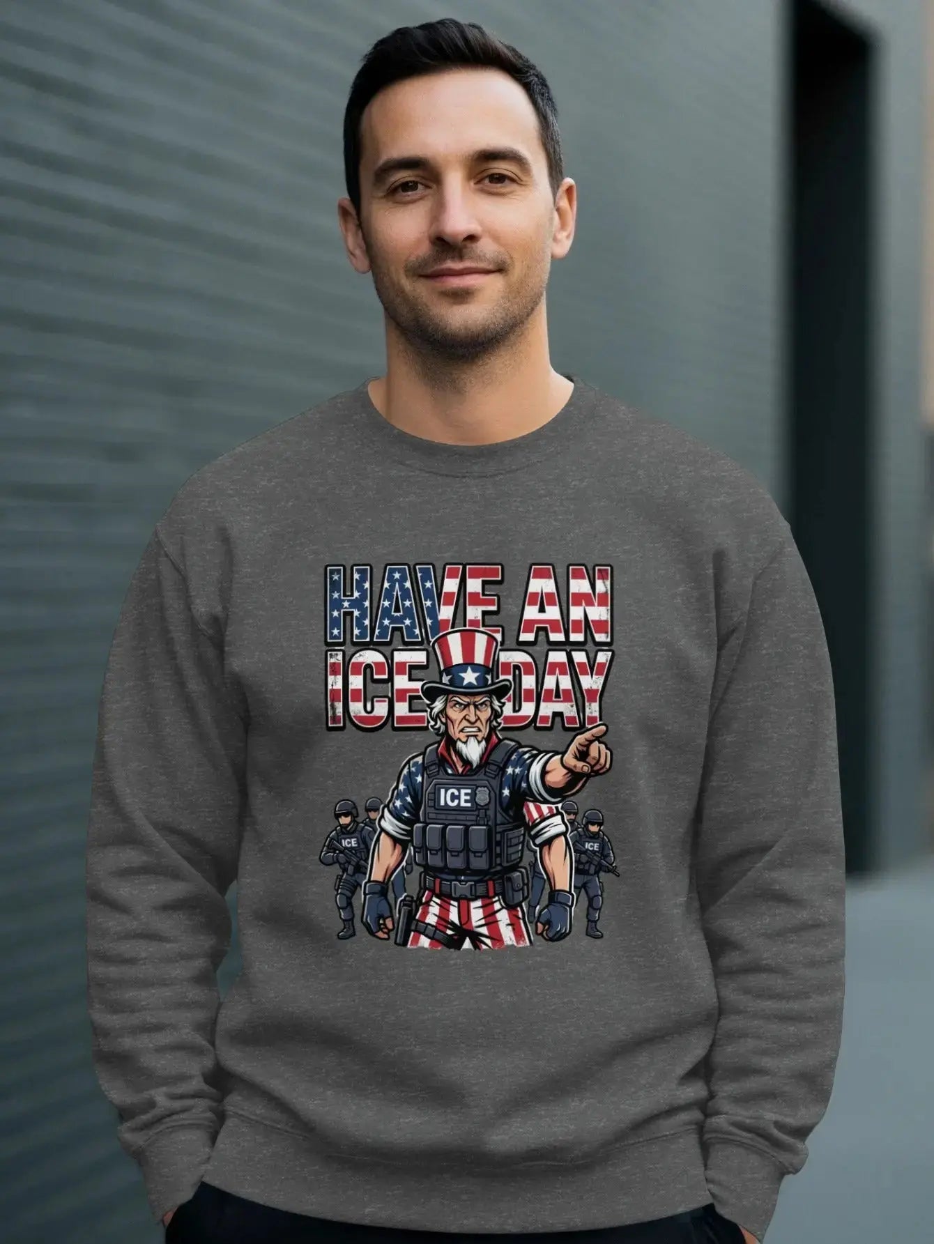 Sweatshirt with Uncle Sam graphic pointing, featuring "HAVE AN ICE DAY" text.