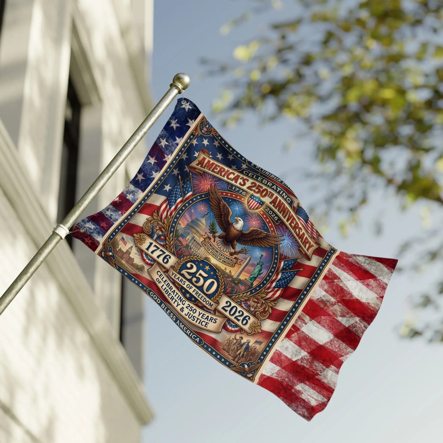 Flag celebrating America's 250th anniversary 1776-2026 with eagle and landmarks.