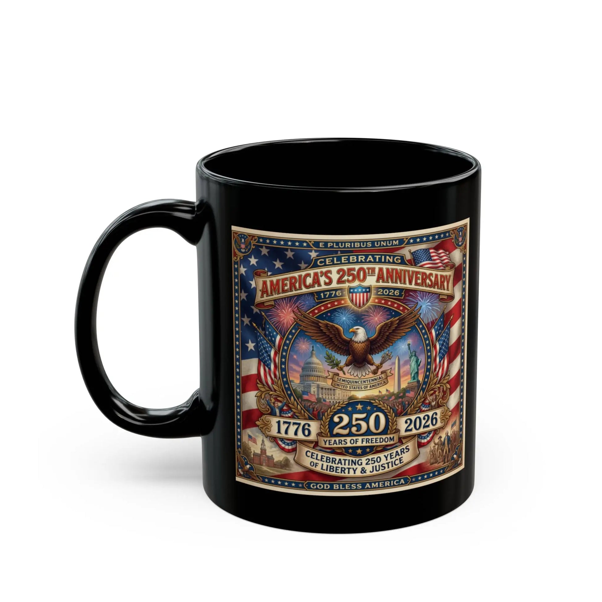 Black mug commemorating America's 250th Anniversary with eagle and historical imagery.