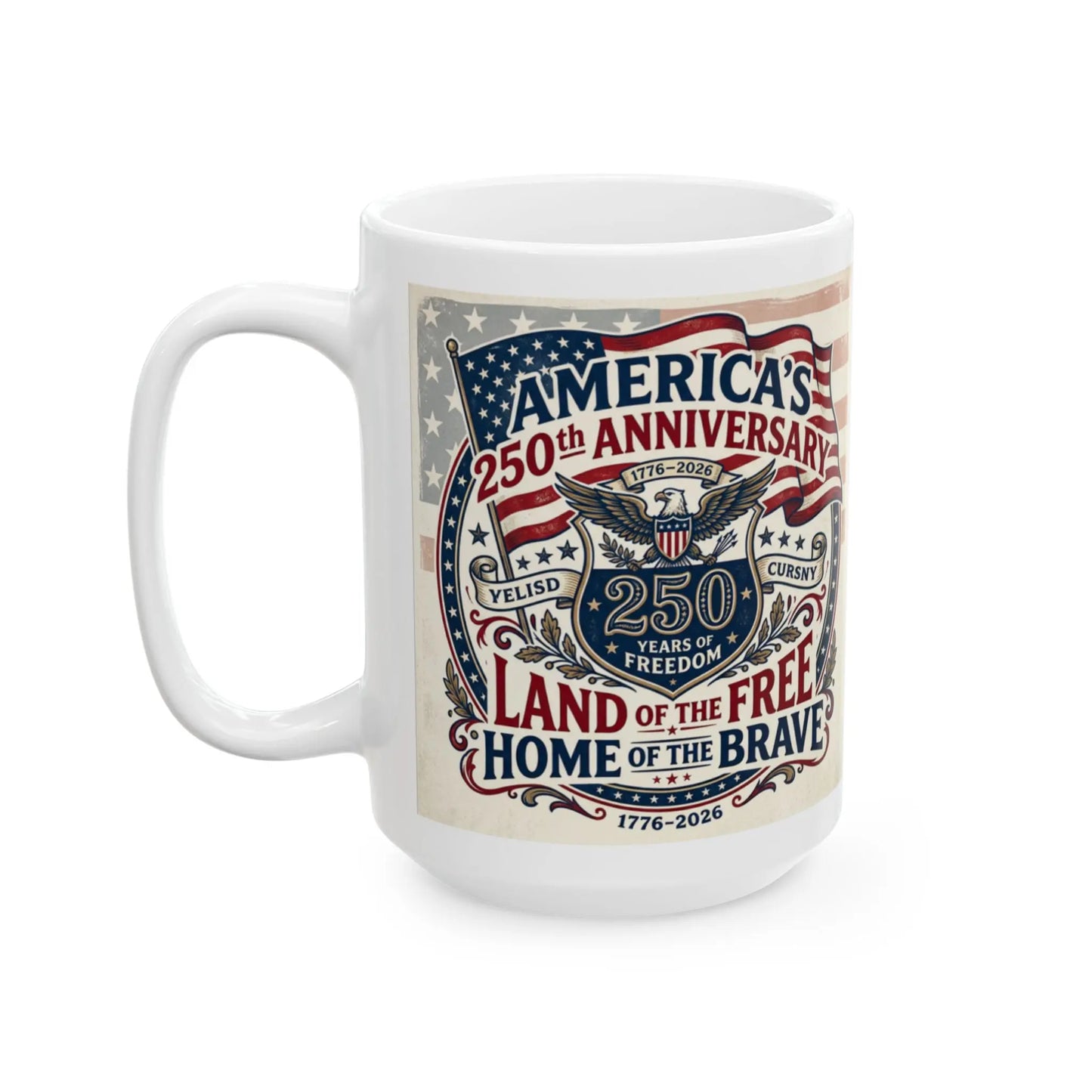 White mug with "America's 250th Anniversary" design and patriotic eagle emblem.