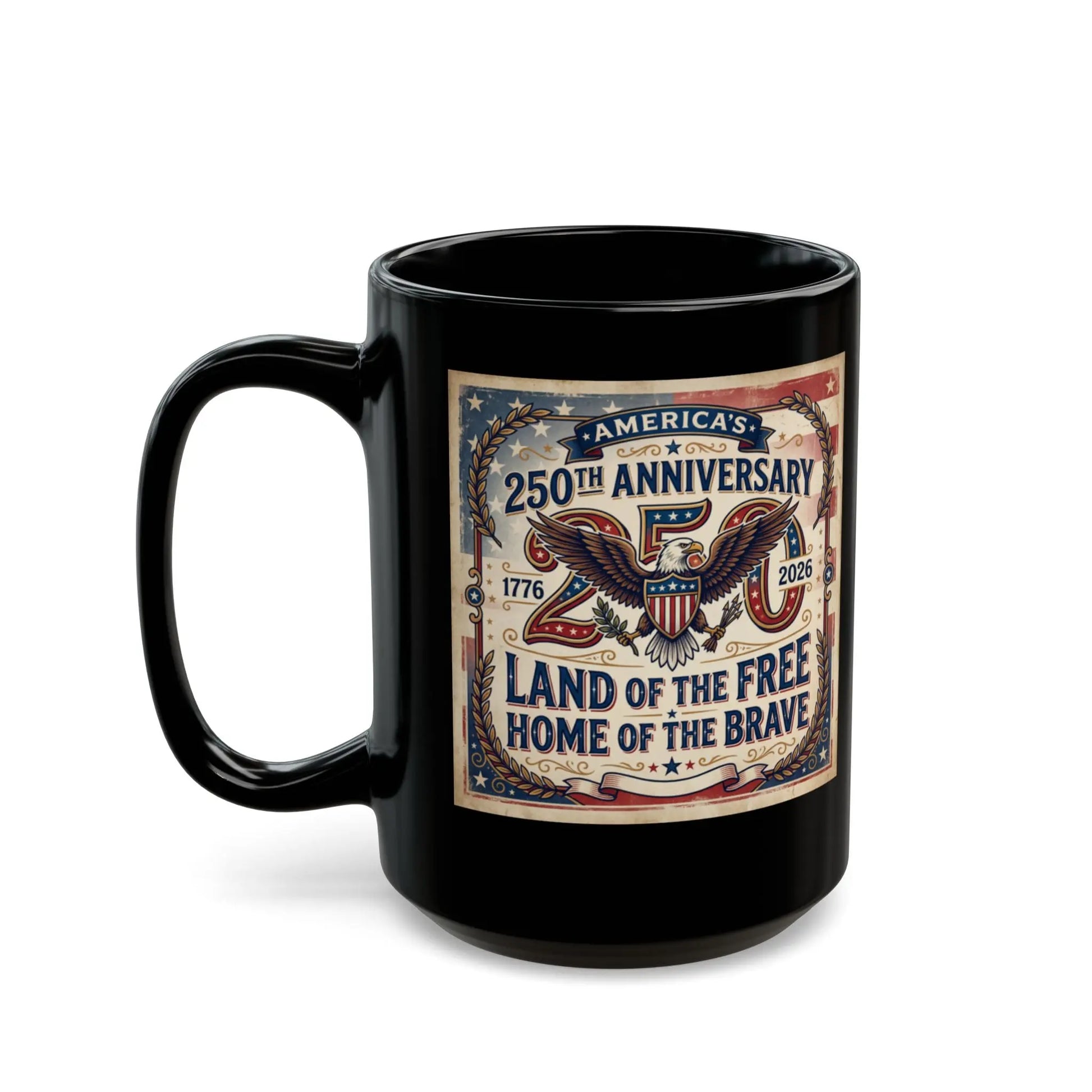 Black mug with America's 250th Anniversary patriotic seal and text.