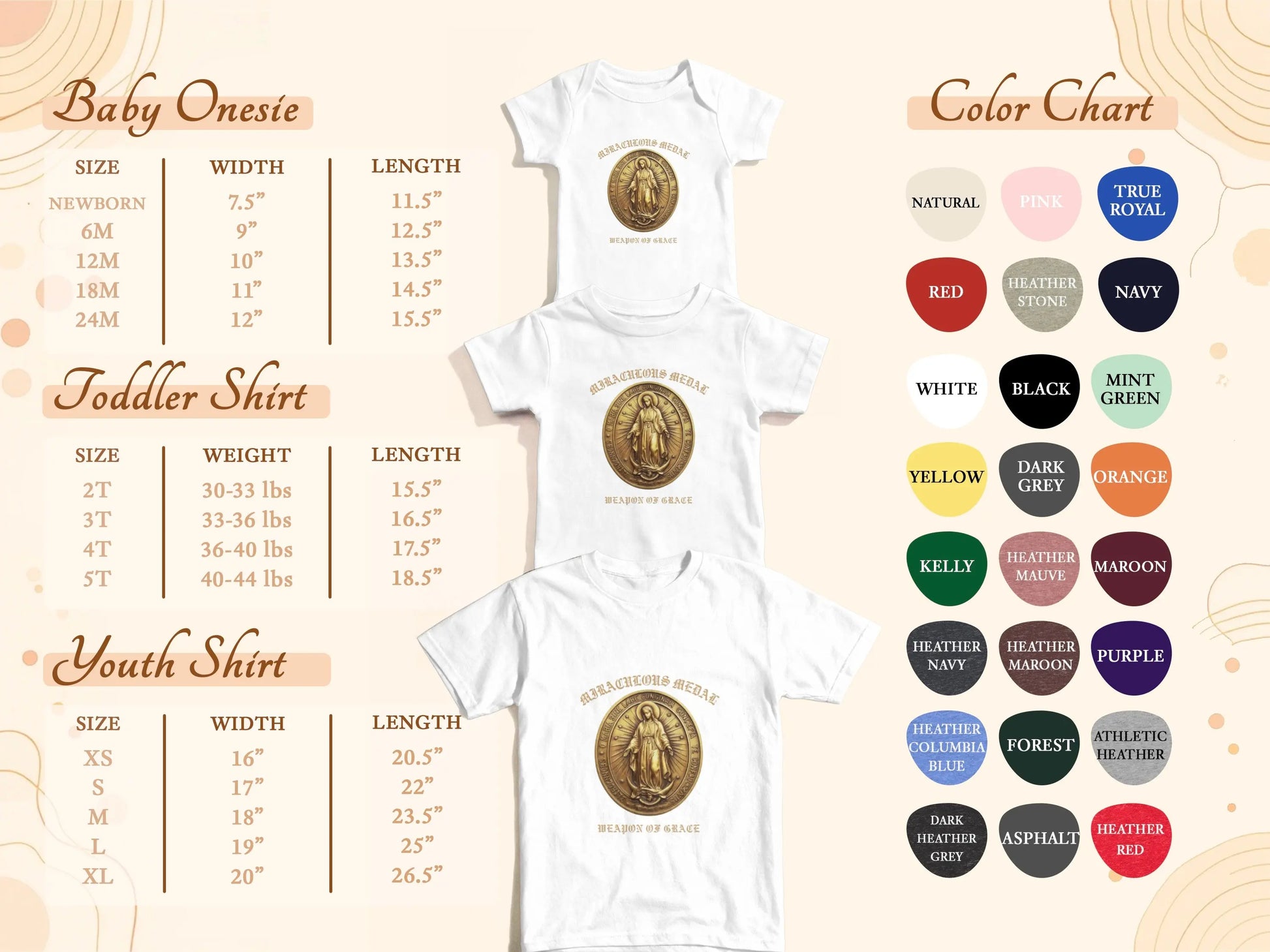 Size chart for baby onesies, toddler shirts, and youth shirts with color options.