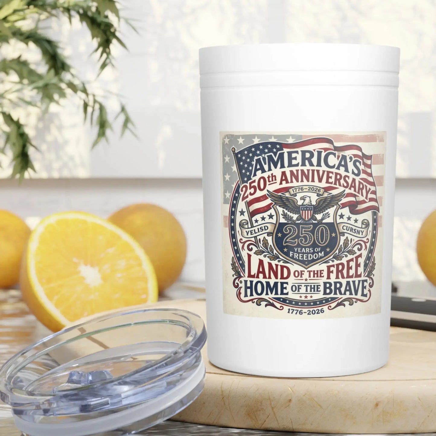 White tumbler with America's 250th Anniversary patriotic design and 1776-2026 dates.