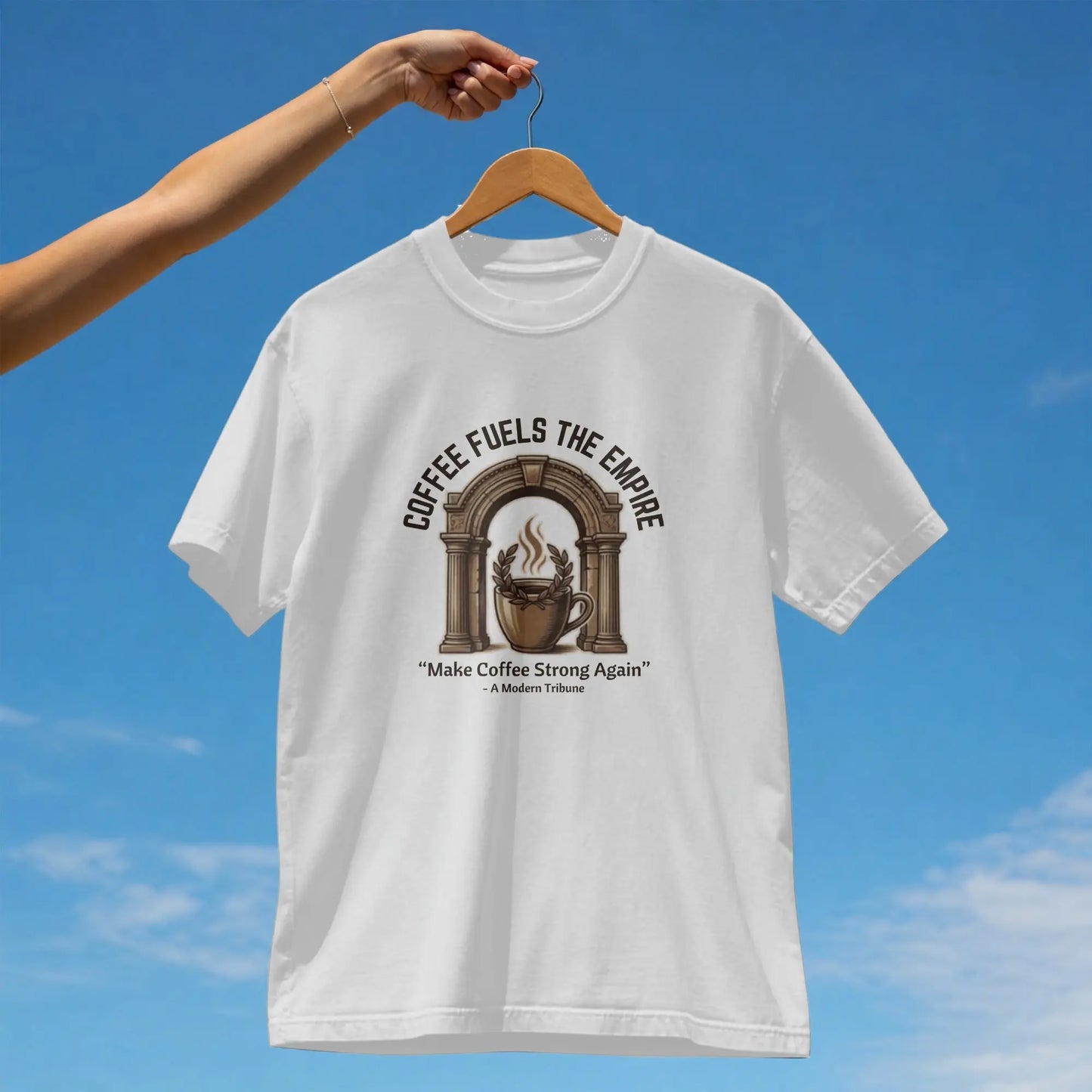 White t-shirt featuring "Coffee Fuels The Empire" text and coffee cup graphic.