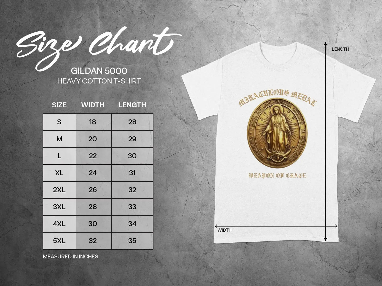 Gildan 5000 heavy cotton t-shirt size chart with width and length measurements in inches for sizes S-5XL.