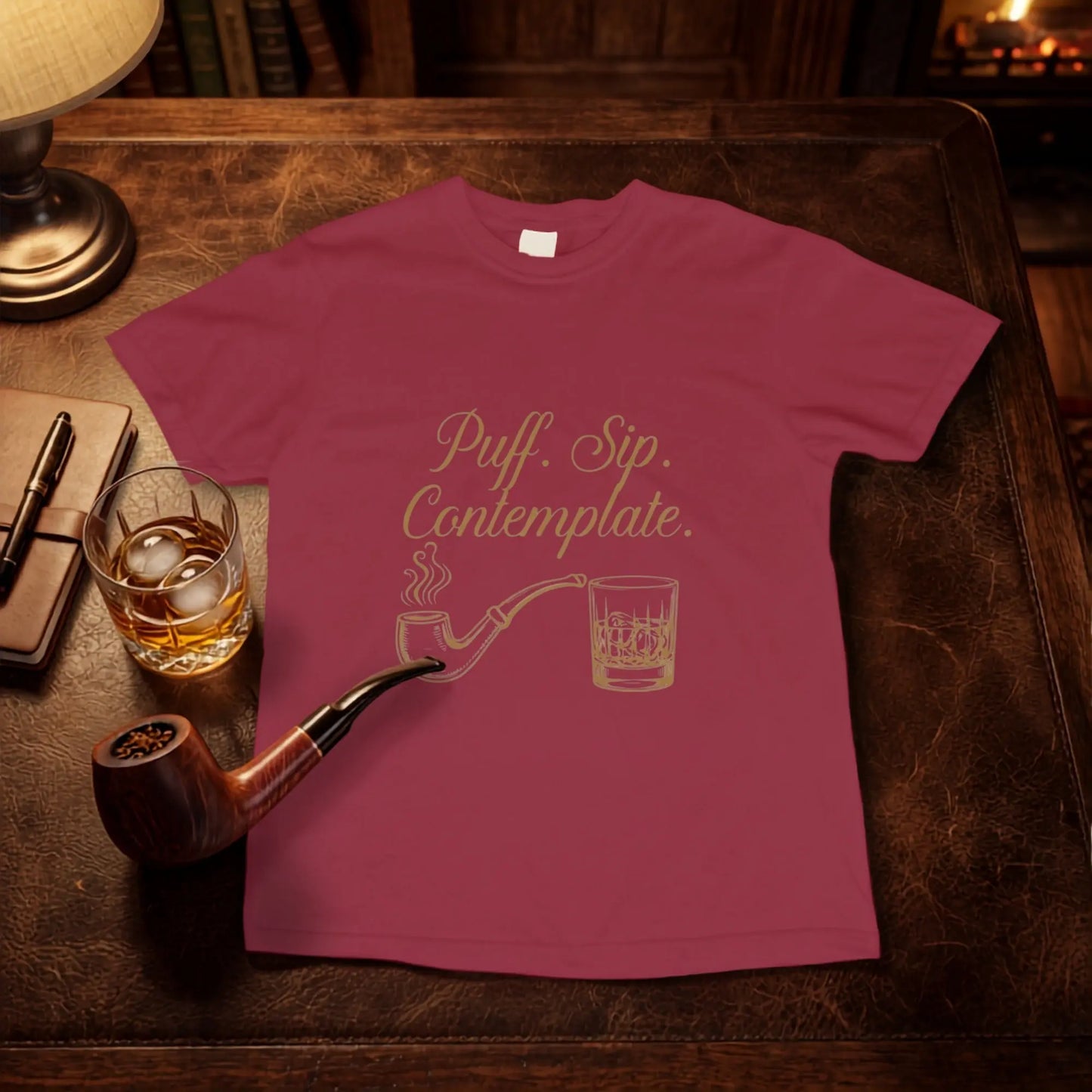 Maroon t-shirt with "Puff. Sip. Contemplate." text and pipe and whiskey graphics.