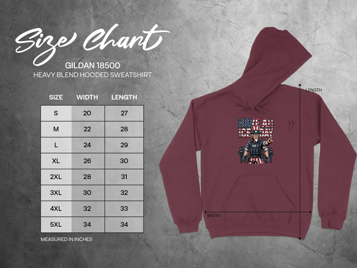 Gildan 18500 Heavy Blend Hooded Sweatshirt size chart including width and length in inches.