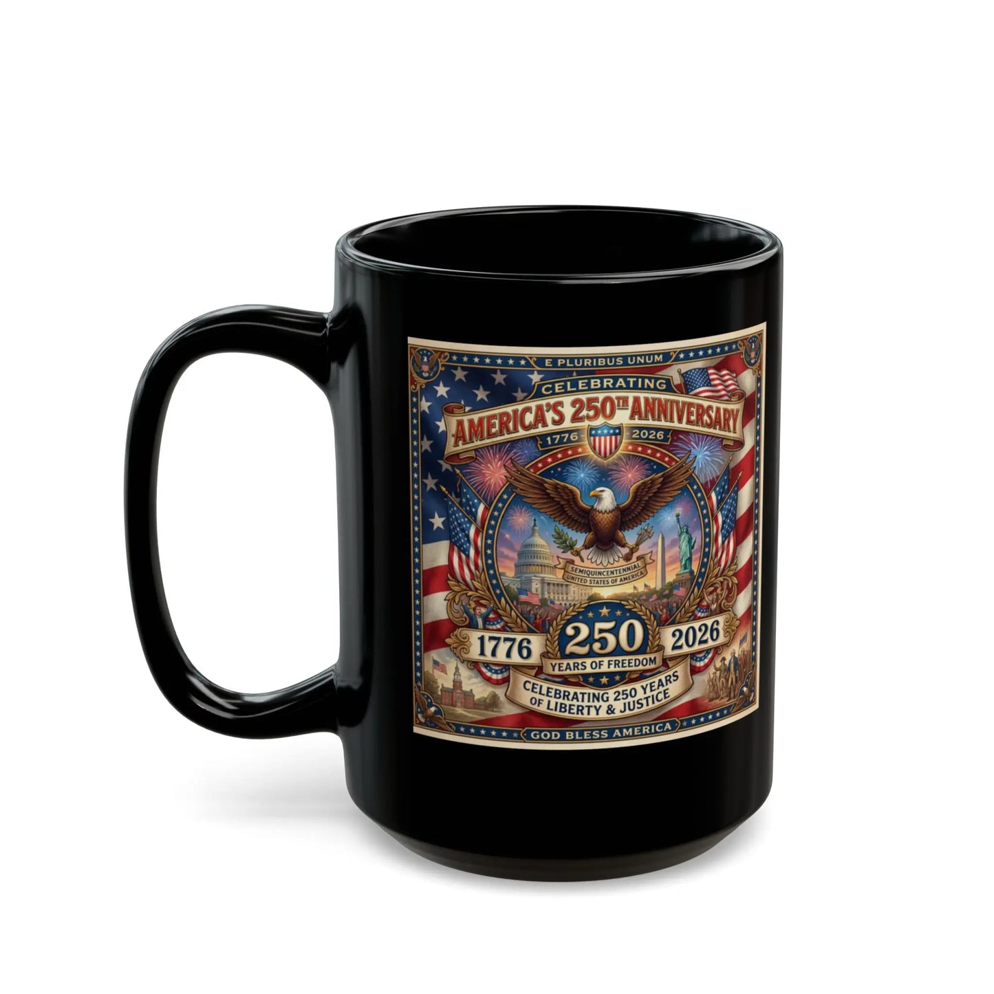 Black mug with America's 250th Anniversary design and patriotic imagery.
