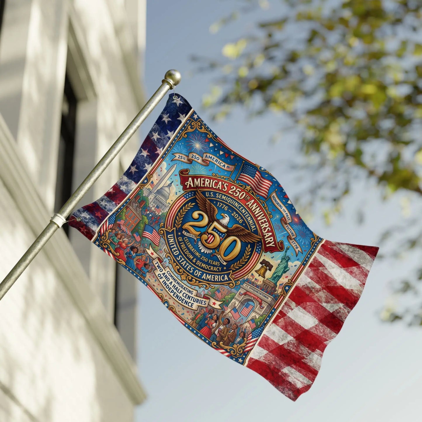 Flag celebrating America's 250th Anniversary, U.S. Semiquincentennial 1776-2026.