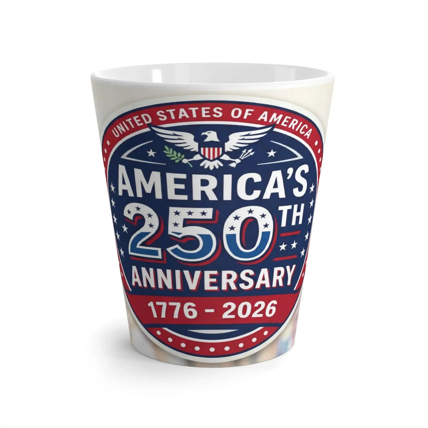 Mug with "America's 250th Anniversary 1776-2026" and patriotic eagle emblem.