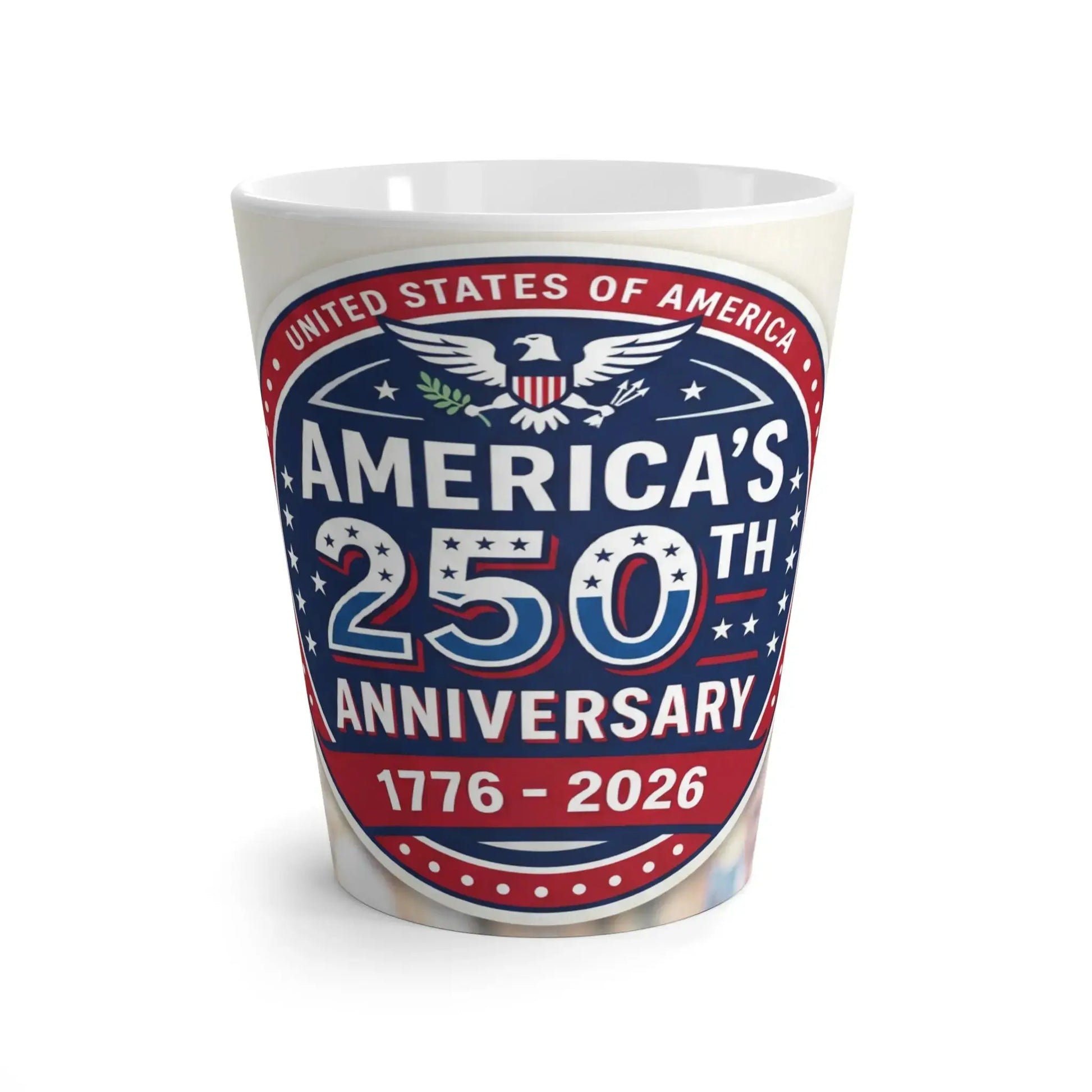 Mug with "America's 250th Anniversary 1776-2026" and patriotic eagle emblem.