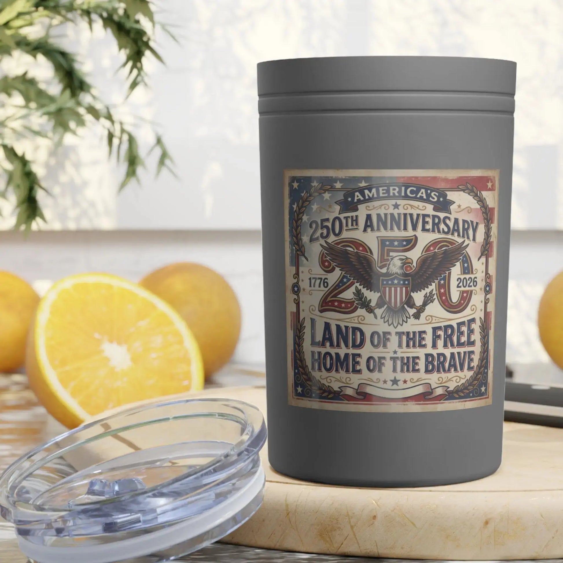 Gray tumbler with America's 250th Anniversary design and text.