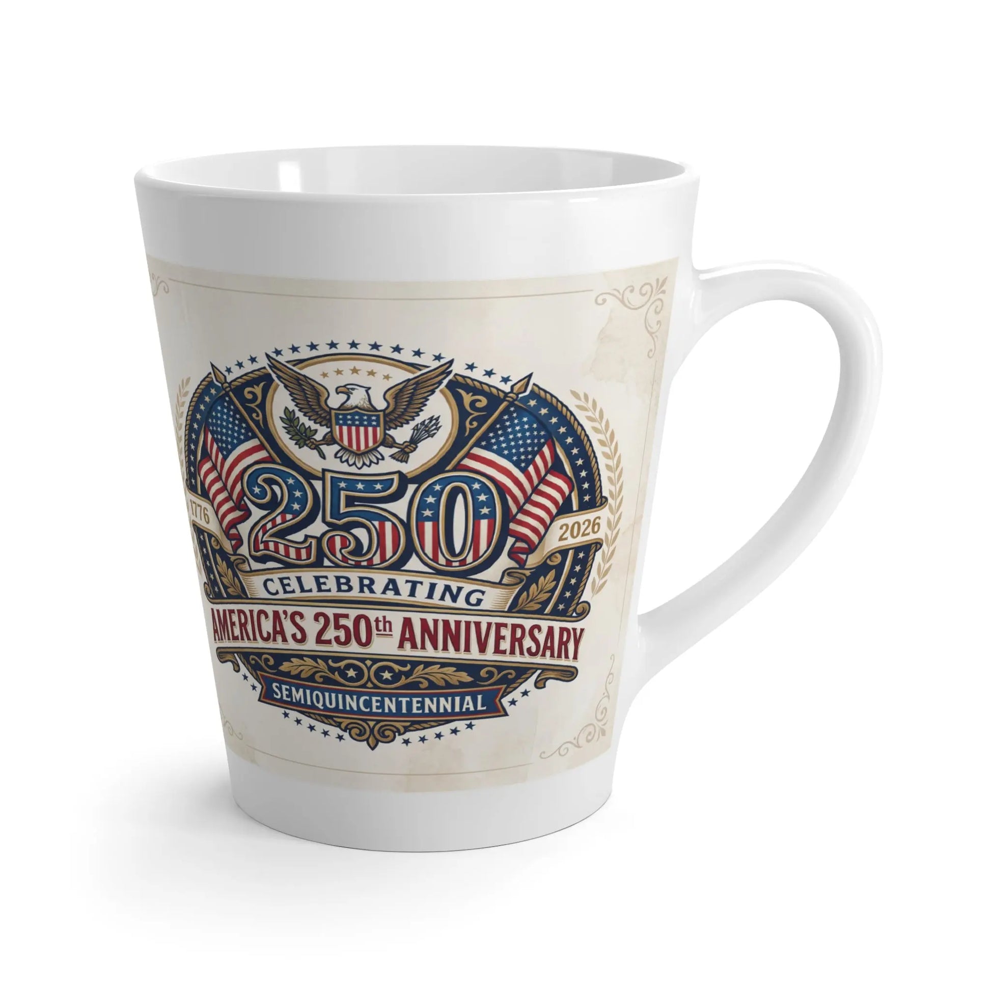 White latte mug celebrating America's 250th anniversary with eagle and flags.