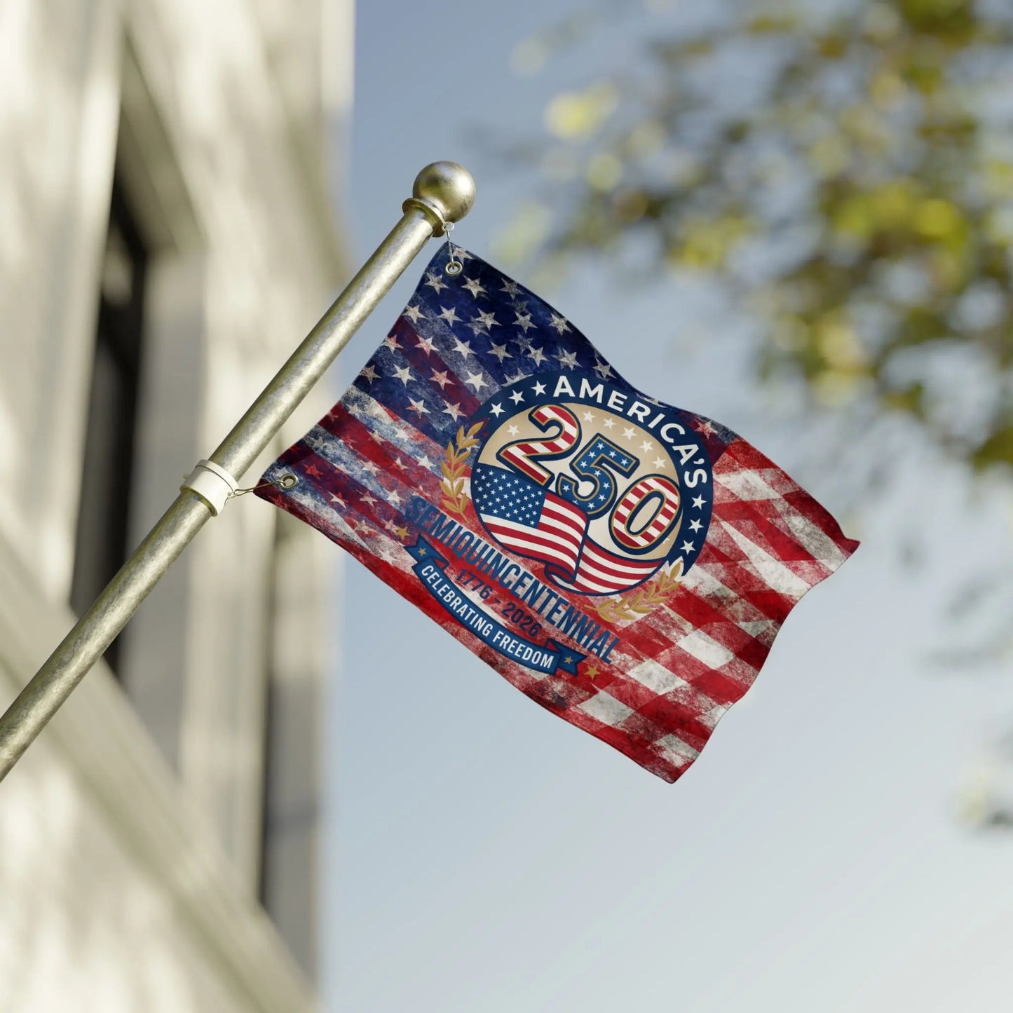 America's Semiquincentennial 250th flag celebrating freedom 1776-2026.