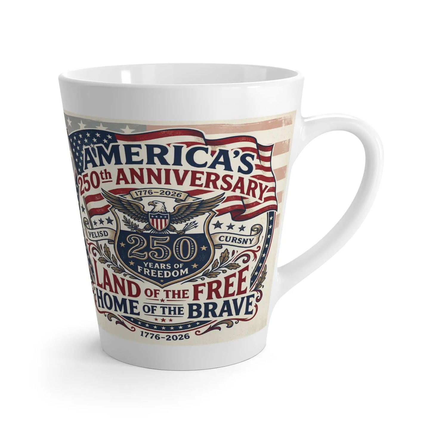 White coffee mug with patriotic American design celebrating 250 years of freedom.
