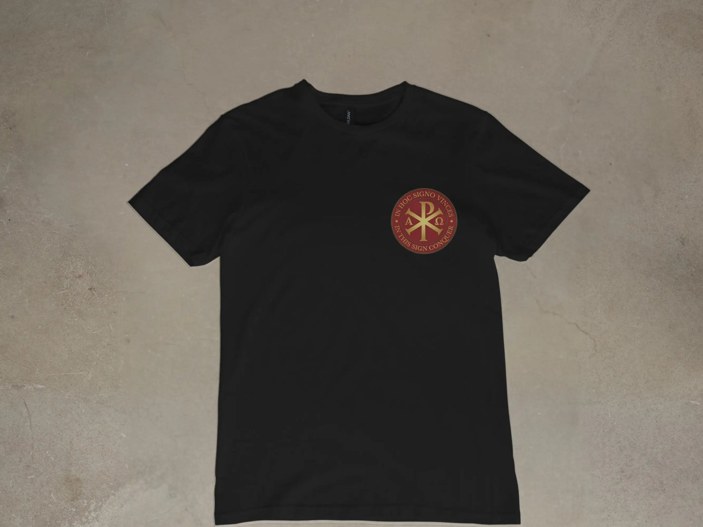 Black t-shirt with red and gold circular emblem on chest.