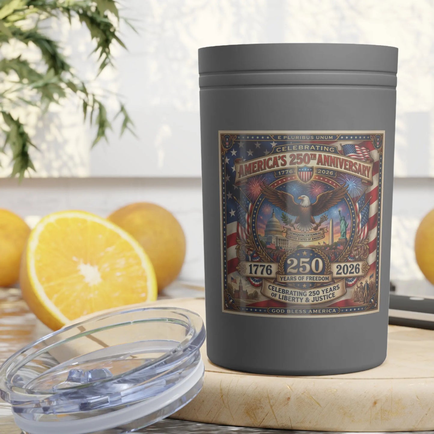 Gray tumbler with "America's 250th Anniversary" decal celebrating 1776-2026.