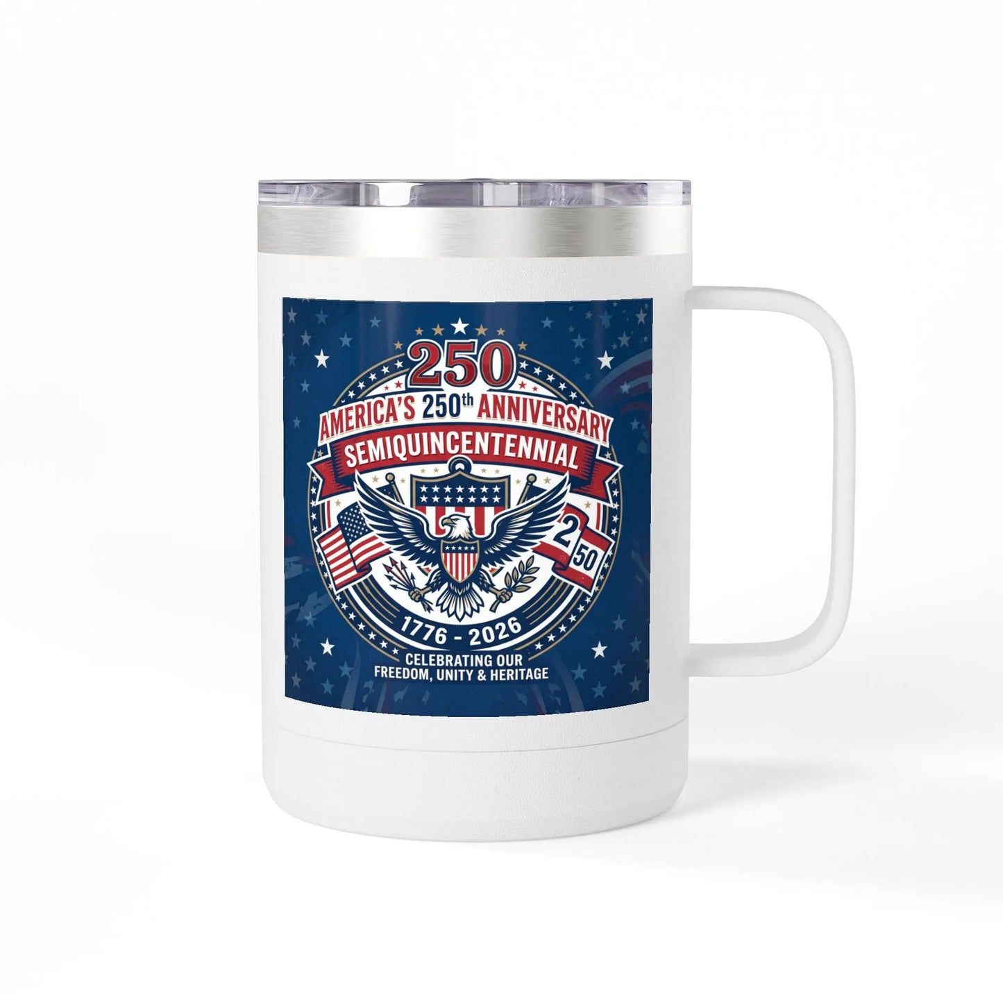 White mug with American 250th Anniversary emblem and text.