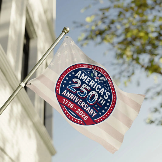 Flag celebrating America's 250th Anniversary from 1776-2026 with eagle emblem.