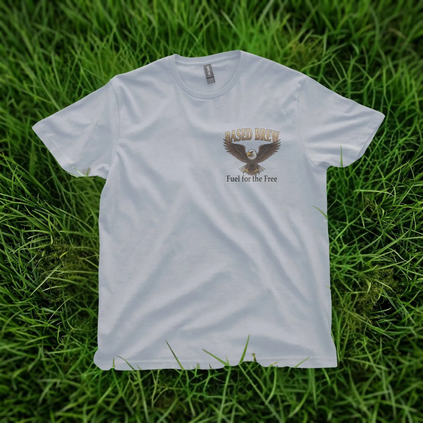 White t-shirt with "BASED BREW Fuel for the Free" and eagle graphic.