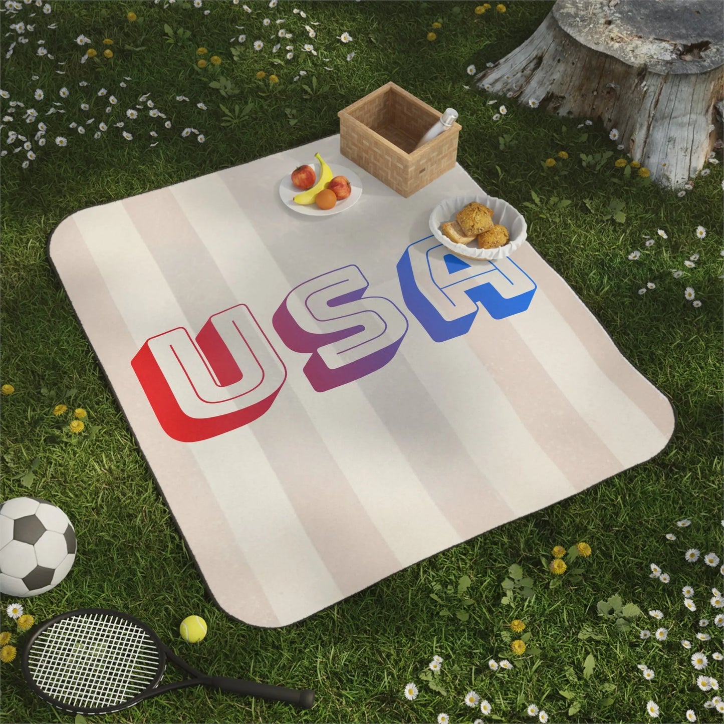 Picnic blanket with "USA" text, soccer ball, tennis racket, and fruit on grass.