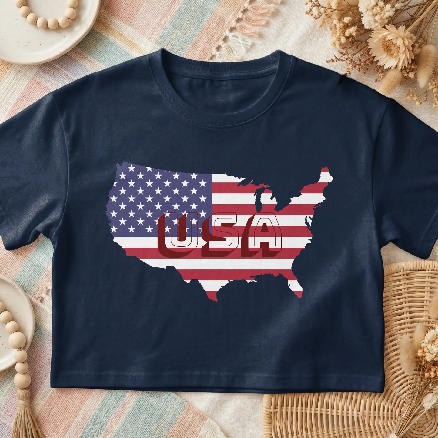 Navy t-shirt with USA map graphic in US flag design and text.
