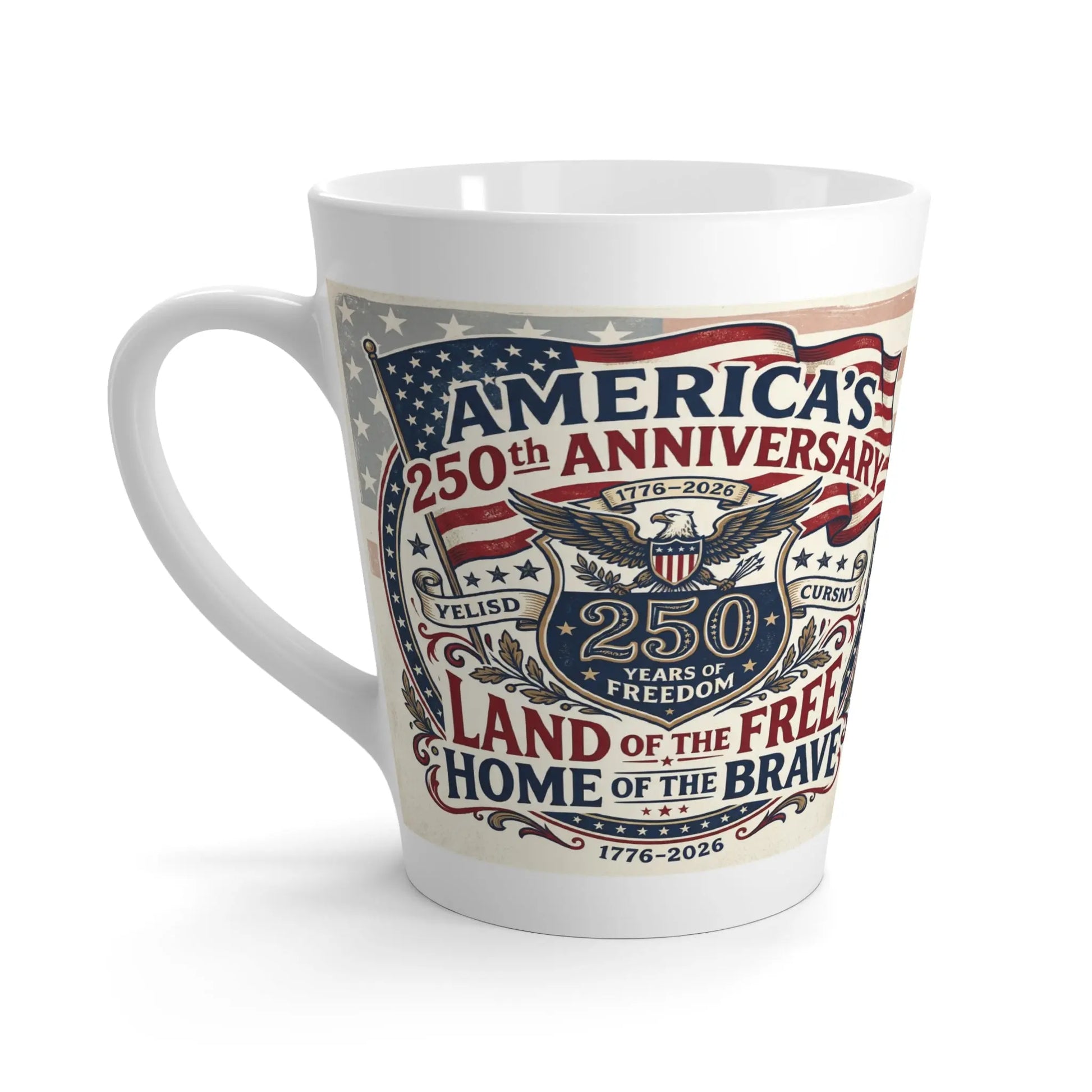 White mug with "America's 250th Anniversary" and patriotic eagle design.