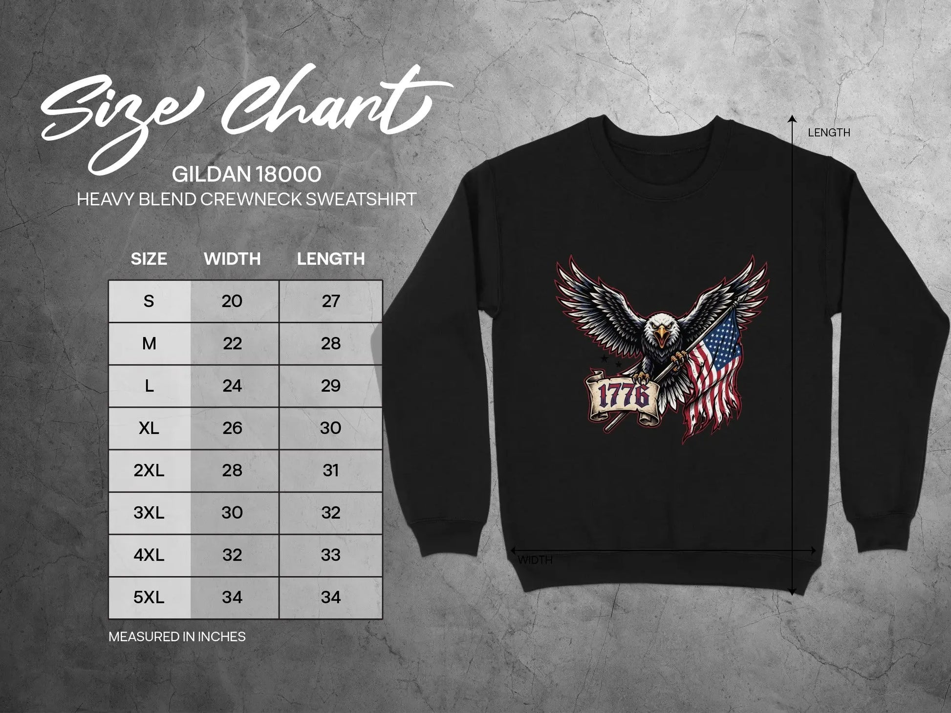 Gildan 18000 crewneck sweatshirt size chart with eagle graphic.