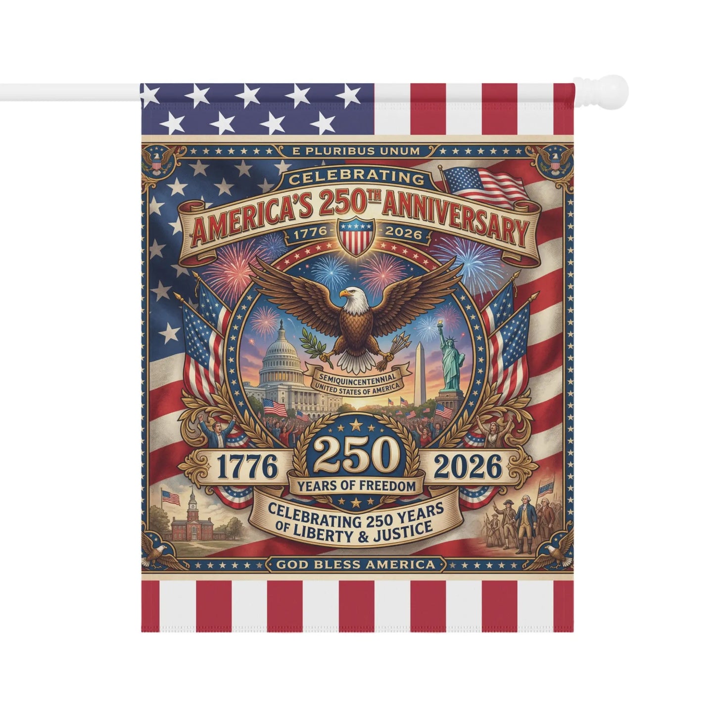 Flag celebrating America's 250th anniversary with eagle, landmarks, and patriotic text.