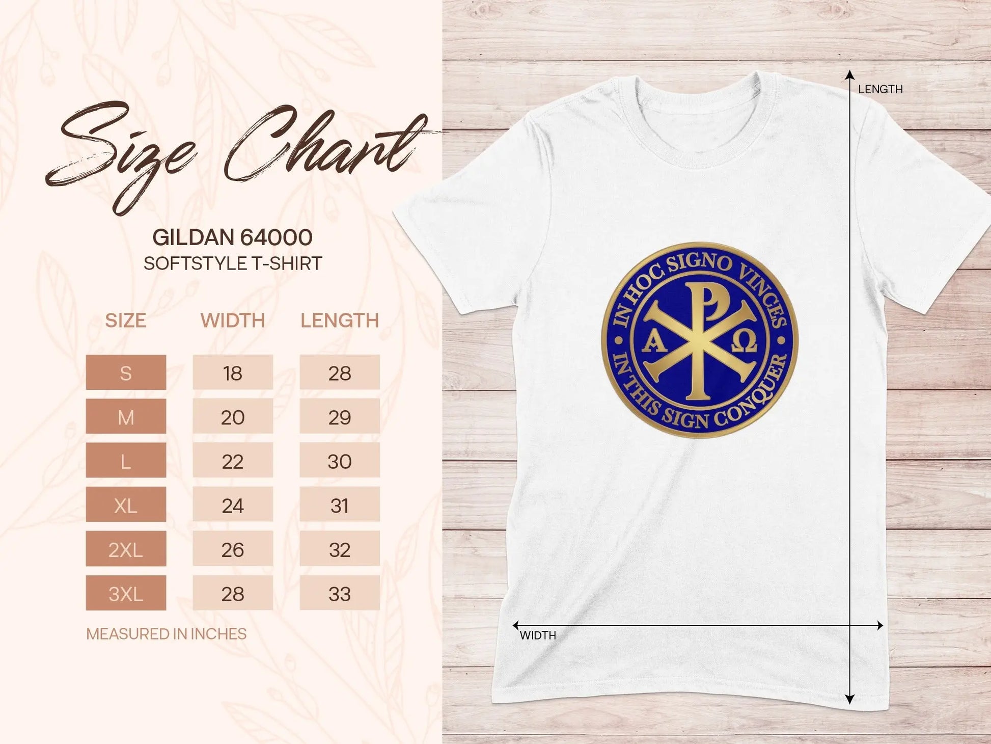 Gildan 64000 softstyle t-shirt size chart with width and length in inches.