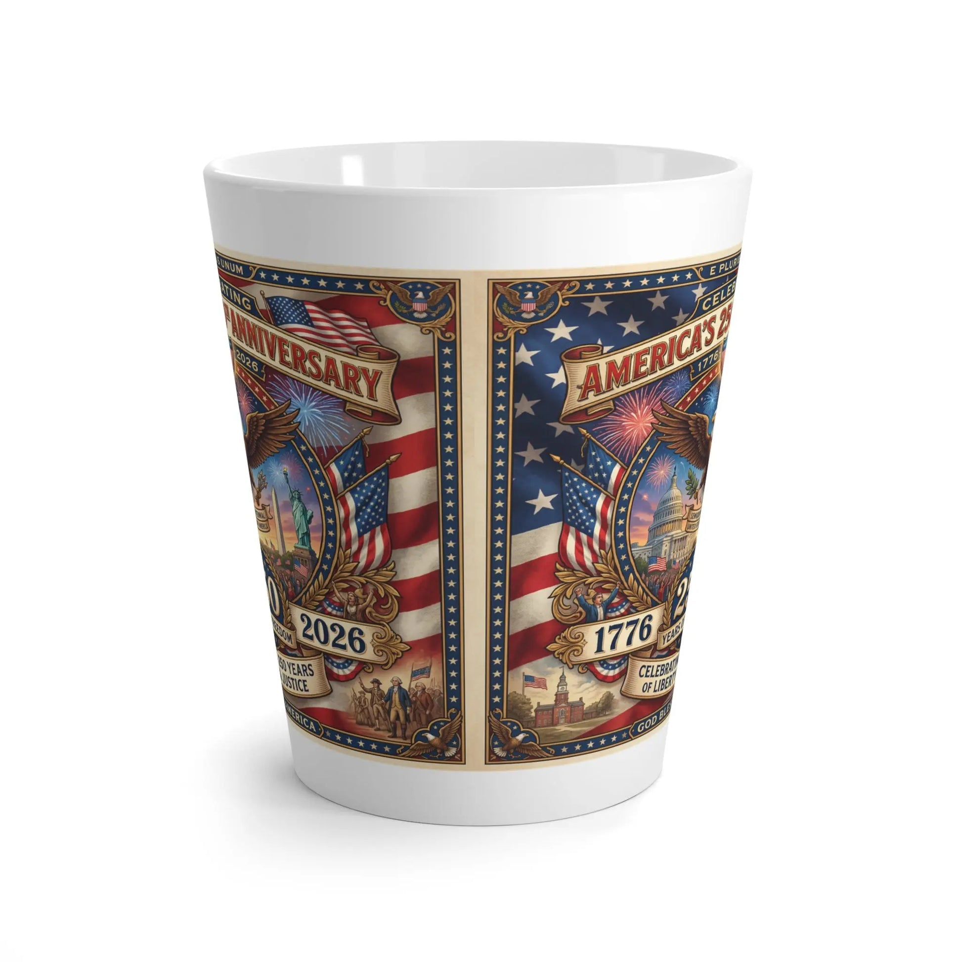 Mug celebrating America's 250th anniversary in 2026 with patriotic imagery.