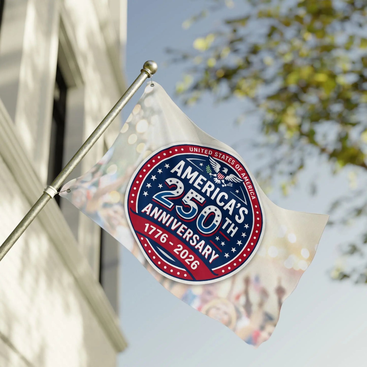 Flag with America's 250th Anniversary 1776-2026 emblem flies near building.