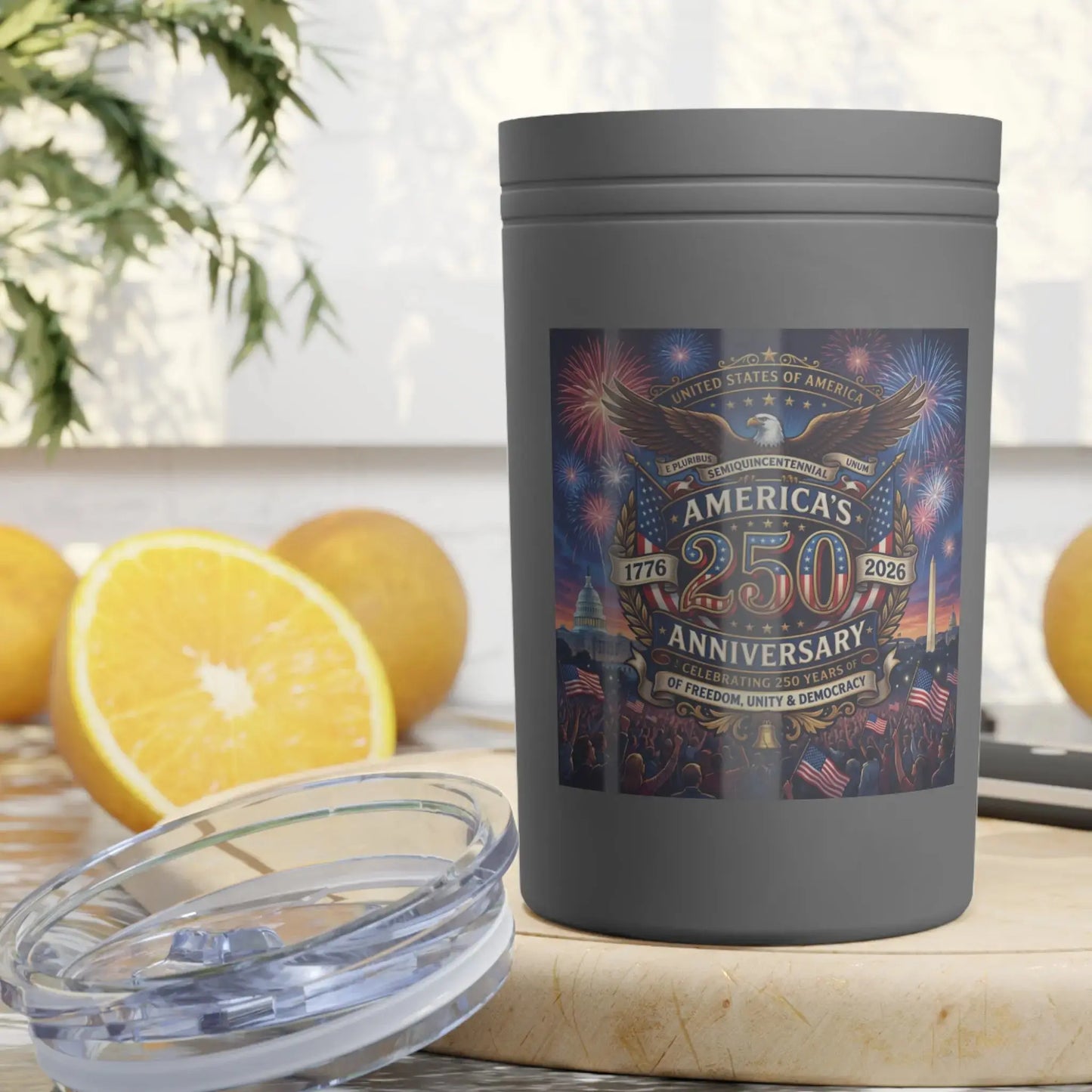Gray tumbler with "America's 250 Anniversary" design featuring an eagle and fireworks.