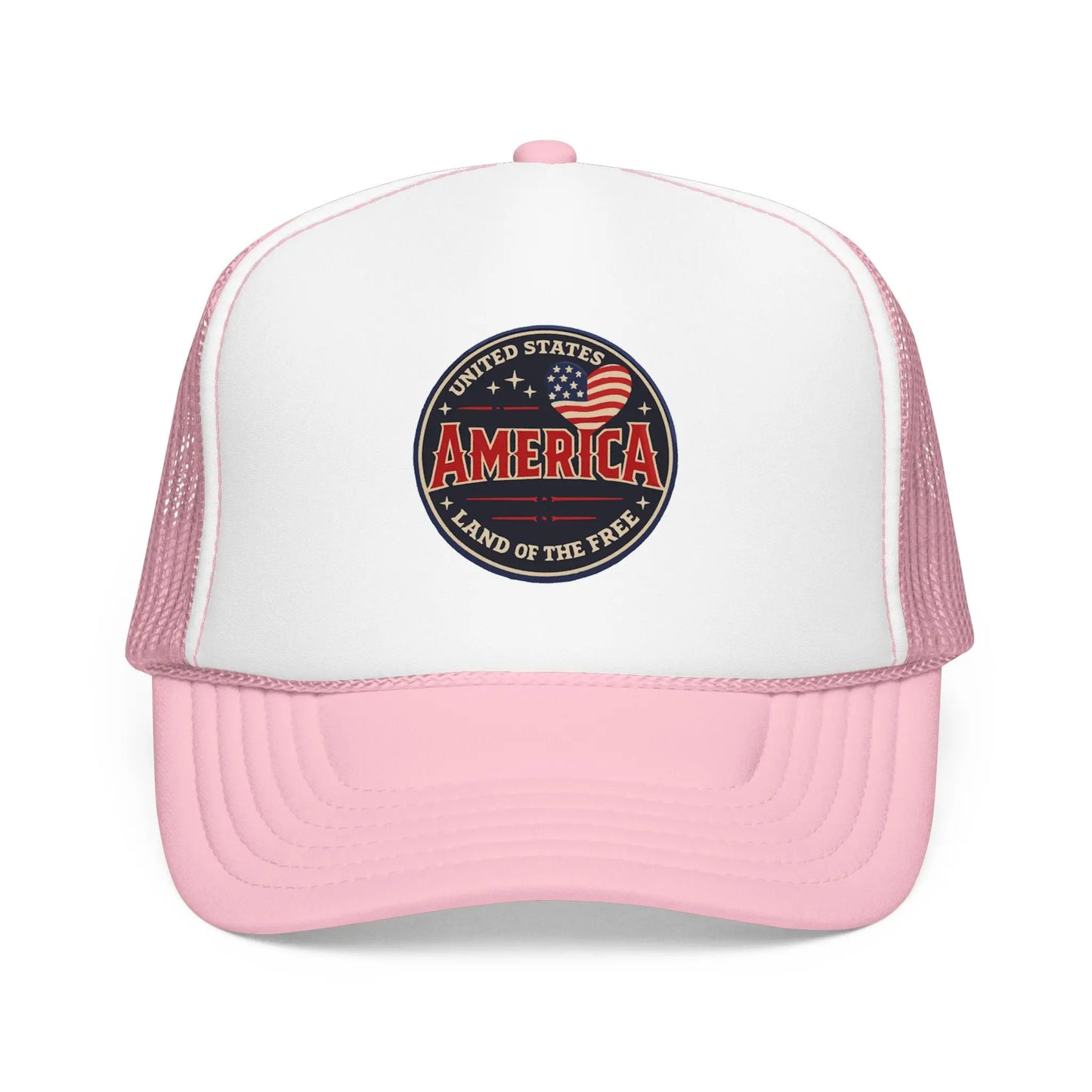 Pink trucker hat with a circular emblem reading United States America, Land of the Free.