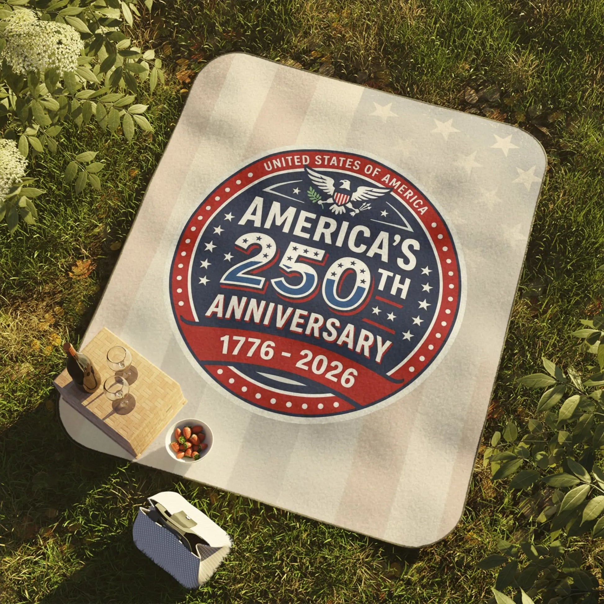 America's 250th Anniversary 1776-2026 patriotic picnic blanket on grass.