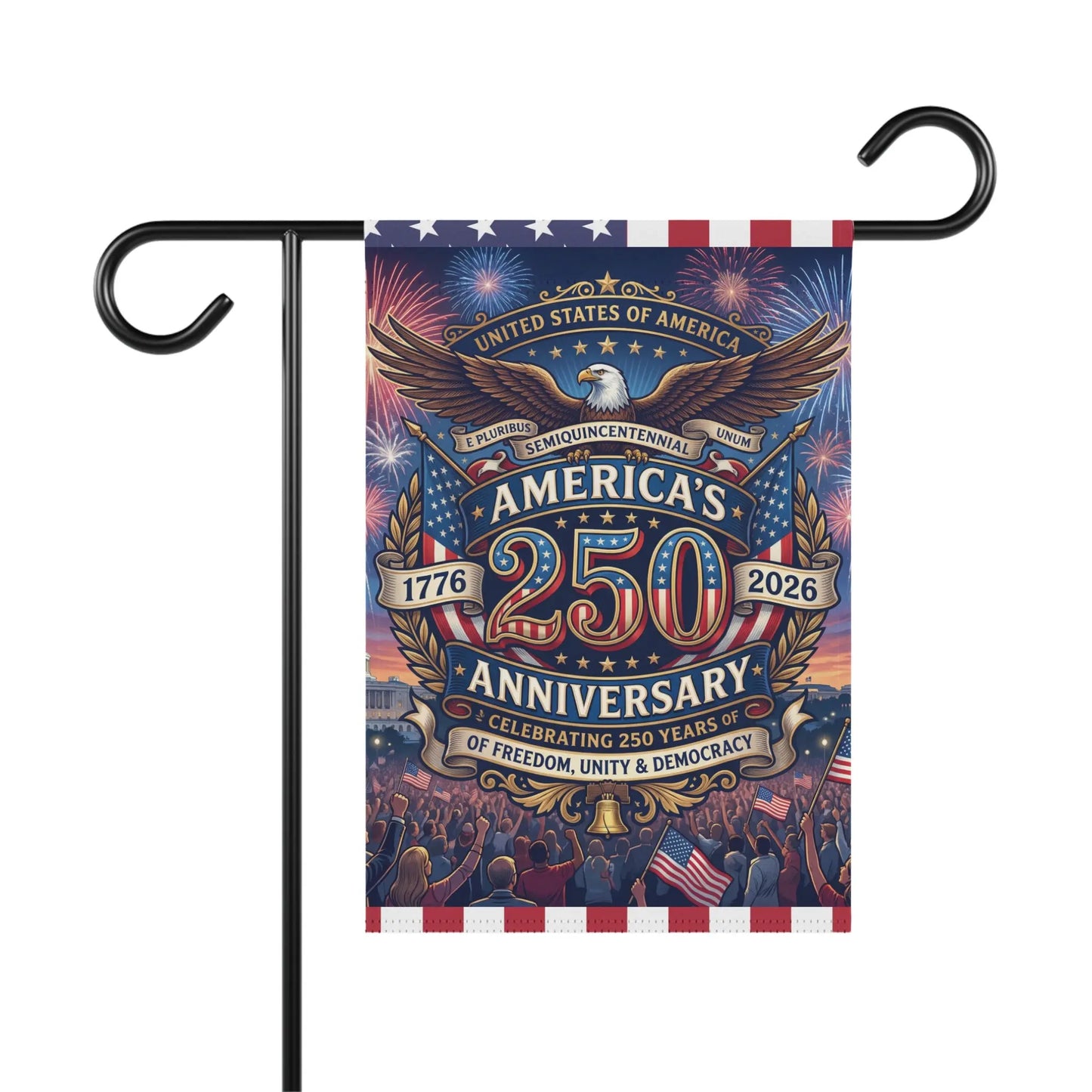 Garden flag celebrating America's 250th Anniversary with eagle, fireworks, and crowd.
