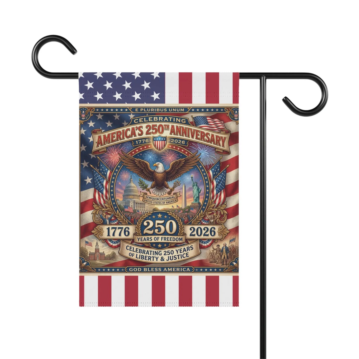 Flag celebrating America's 250th anniversary with eagle, monuments, and fireworks.