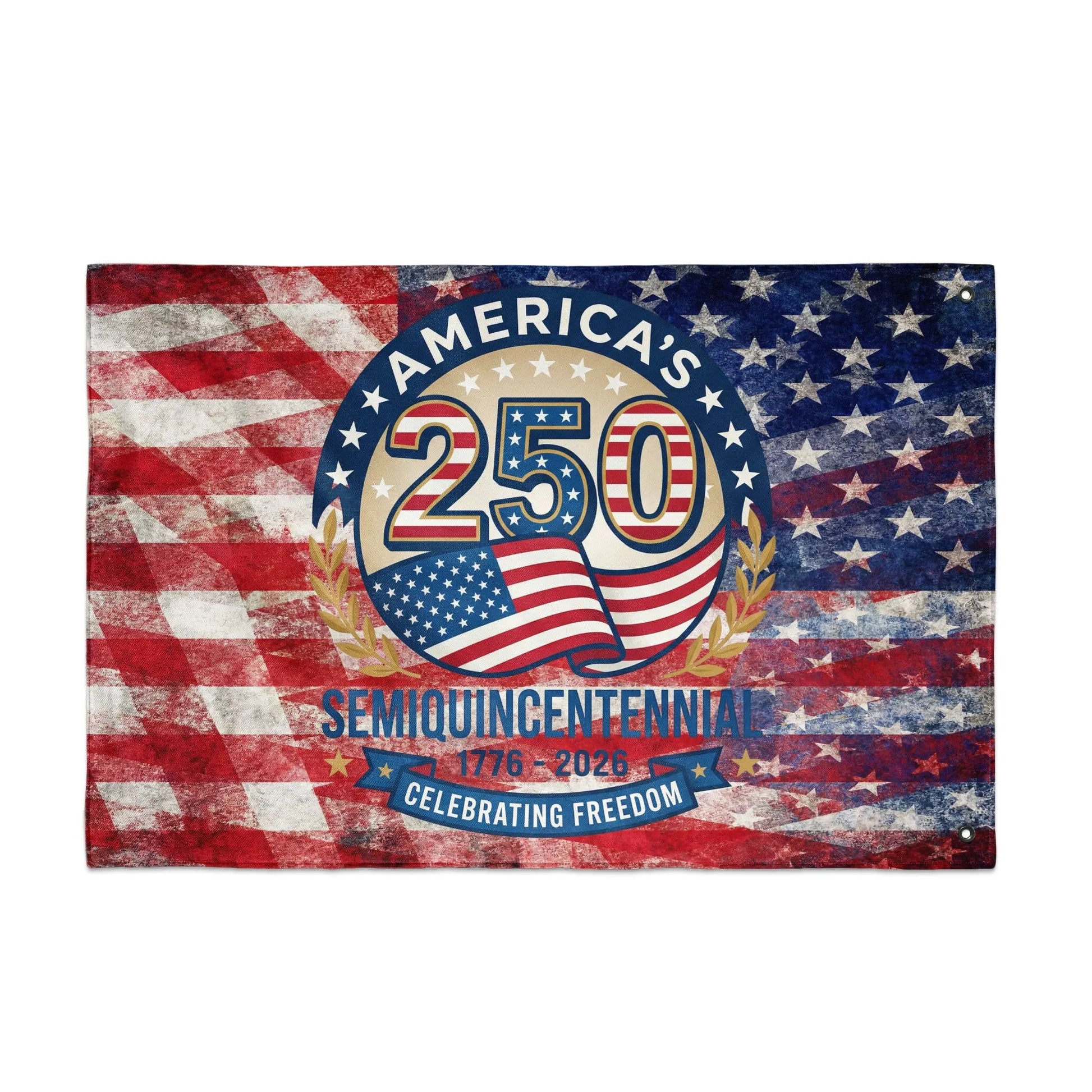 America's 250th Semiquincentennial 1776-2026 banner with distressed US flag design.