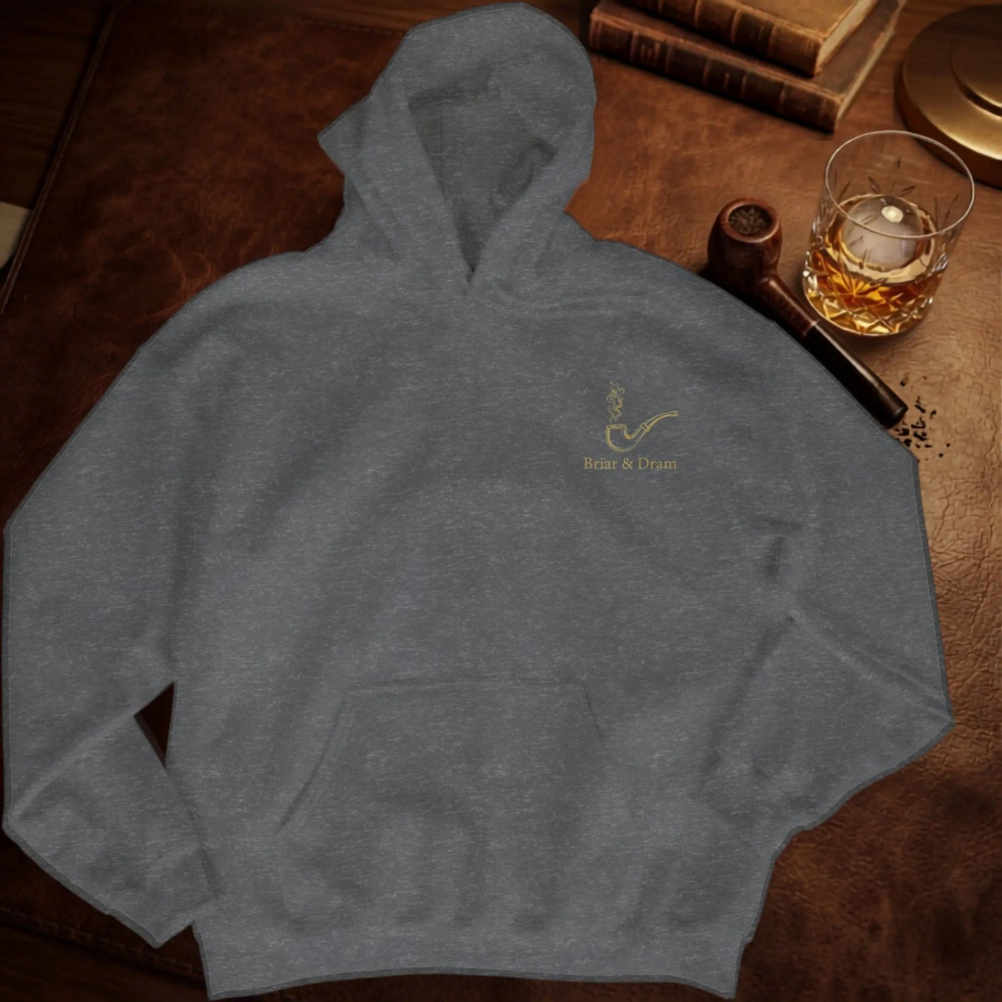 Grey hoodie with gold pipe graphic and "Briar & Dram" text.