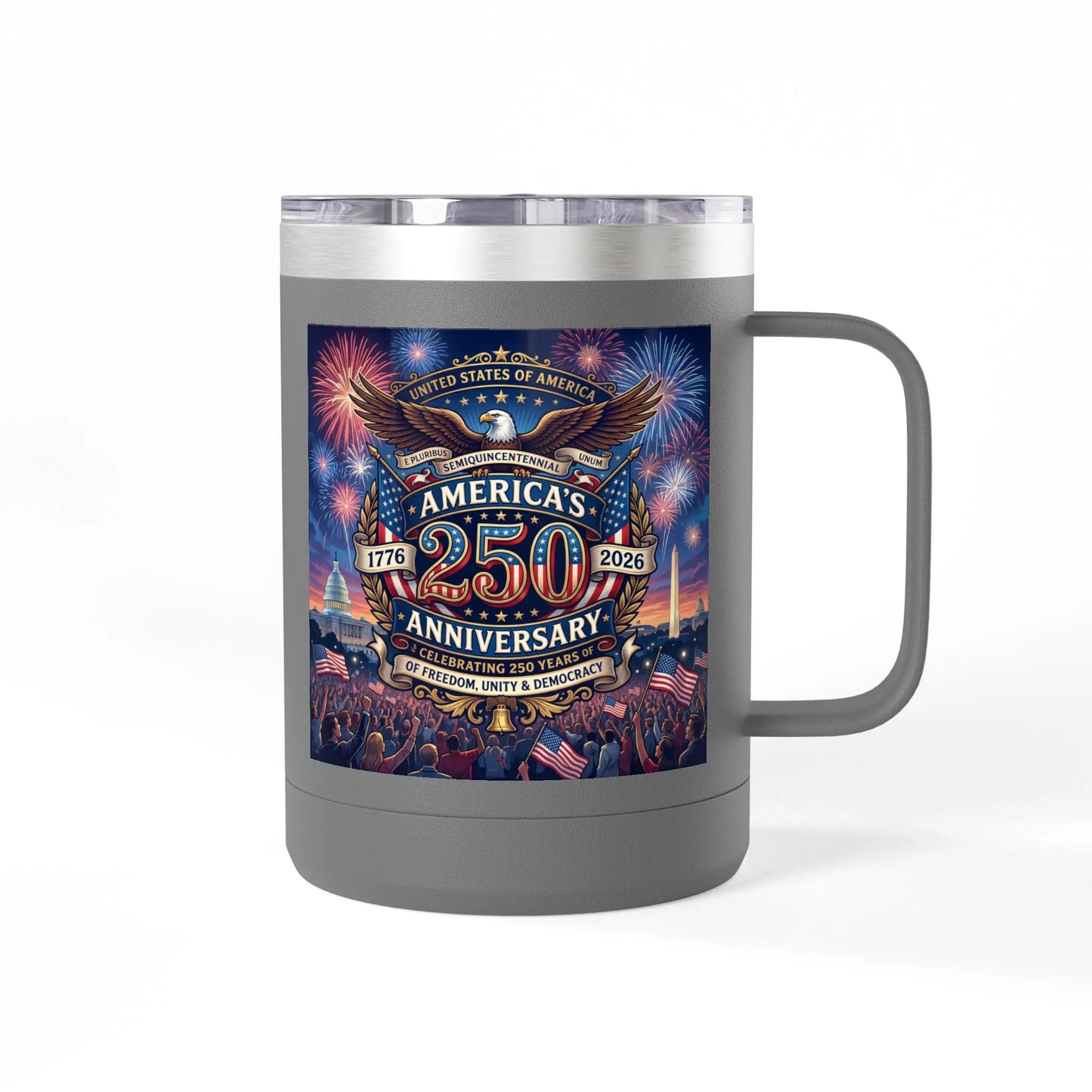 Gray mug with artwork celebrating America's 250th Anniversary, featuring fireworks and crowds.
