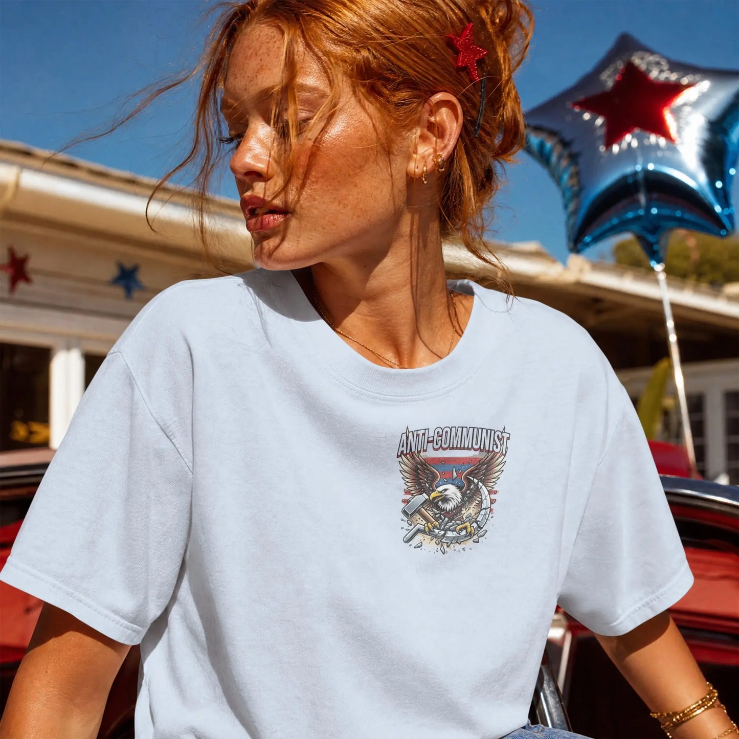 White t-shirt with "Anti-Communist" text and eagle graphic with hammer and sickle.