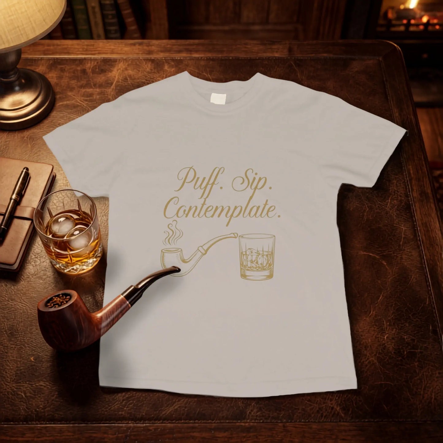 Light brown t-shirt with "Puff. Sip. Contemplate." text and pipe and glass graphic.