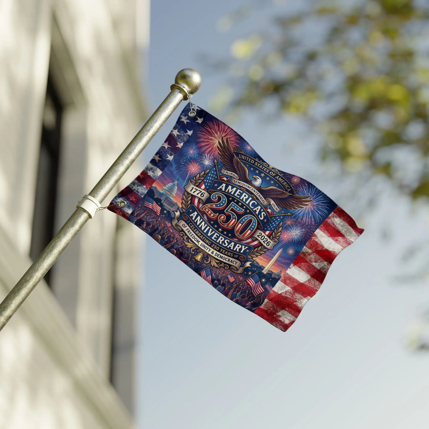 Flag celebrating America's 250th Anniversary from 1776 to 2026.
