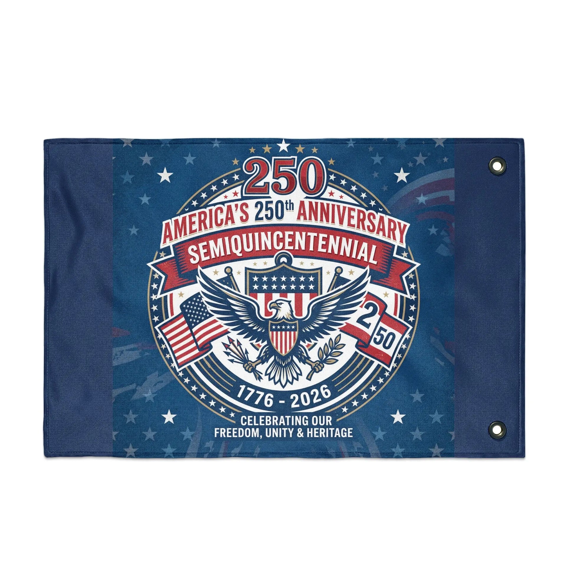 Flag celebrating America's 250th anniversary with eagle, flags, stars, and text.