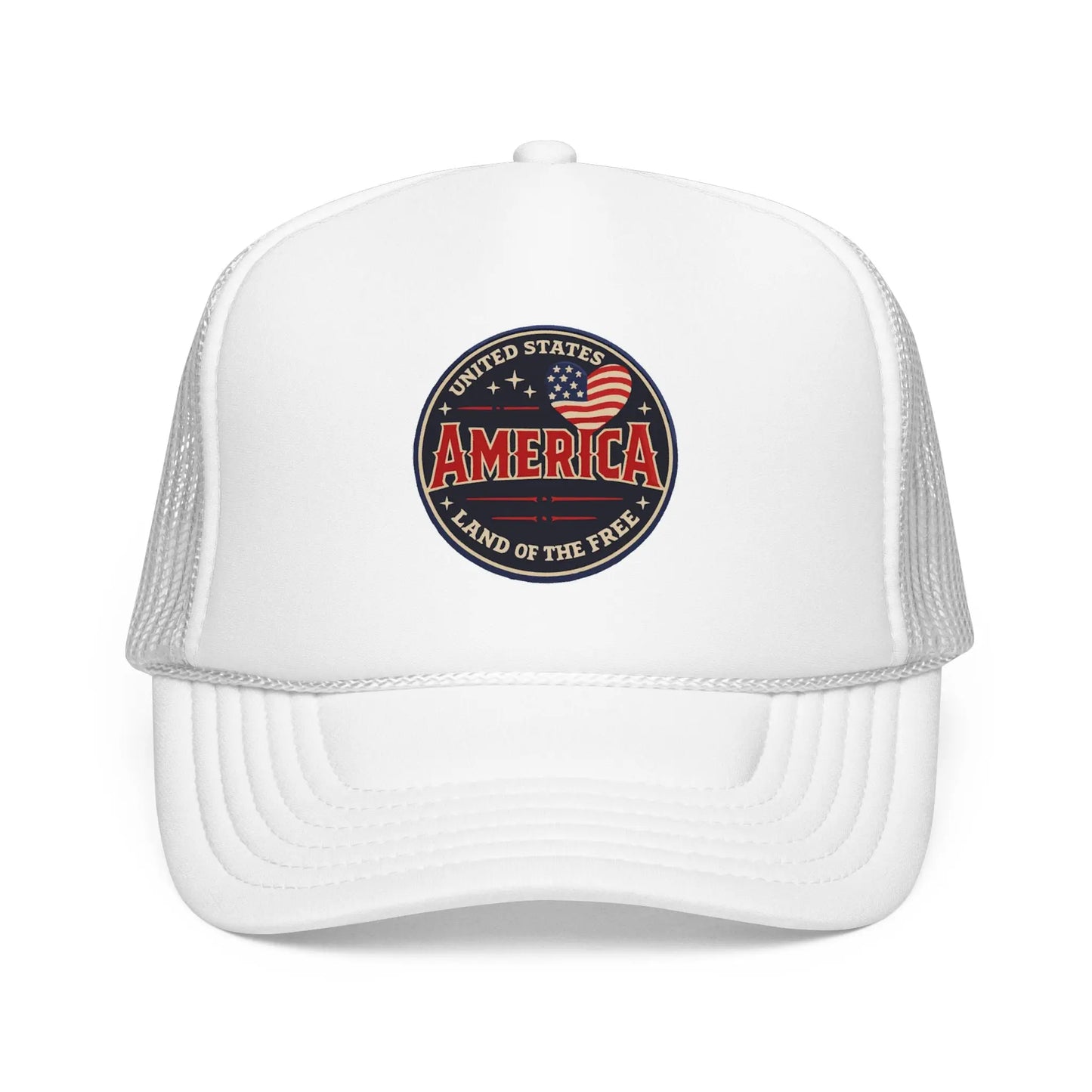 White trucker hat with a circular American flag patch reading "United States America Land of the Free".