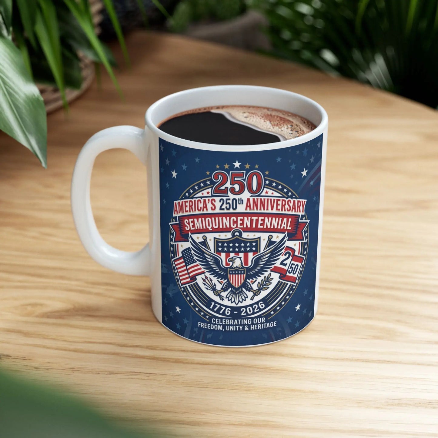White mug with America's 250th Semi-Quicentennial design celebrating 1776-2026.