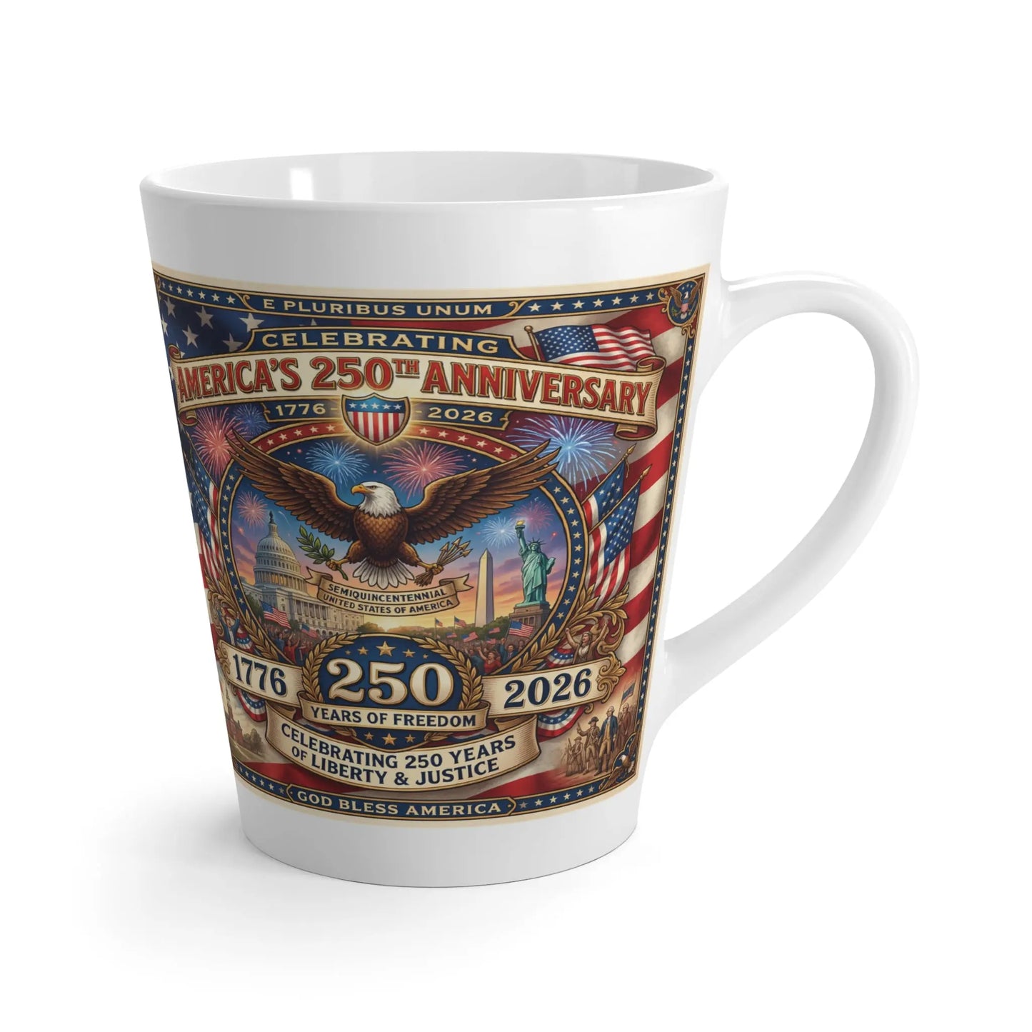 White mug celebrating America's 250th Anniversary with eagle, landmarks, and fireworks.
