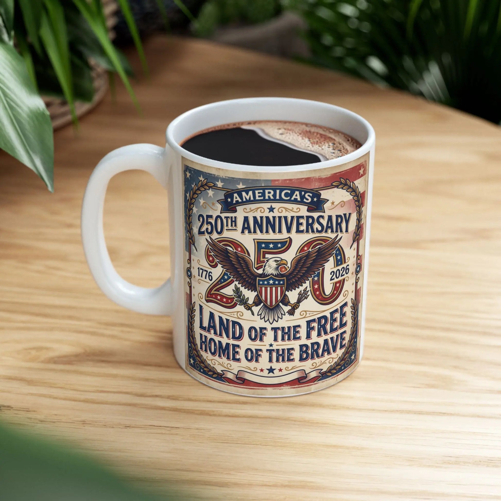 White mug with America's 250th Anniversary design featuring an eagle, 1776-2026.